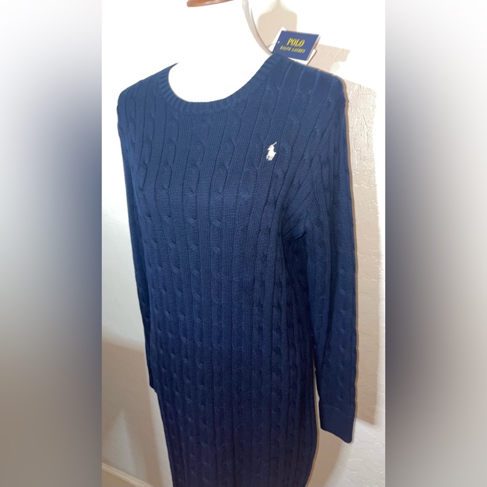 New! Polo Ralph Lauren Cable Knit Crewneck Sweater Dress in Navy Size Large🤍🐎 - Picture 3 of 12